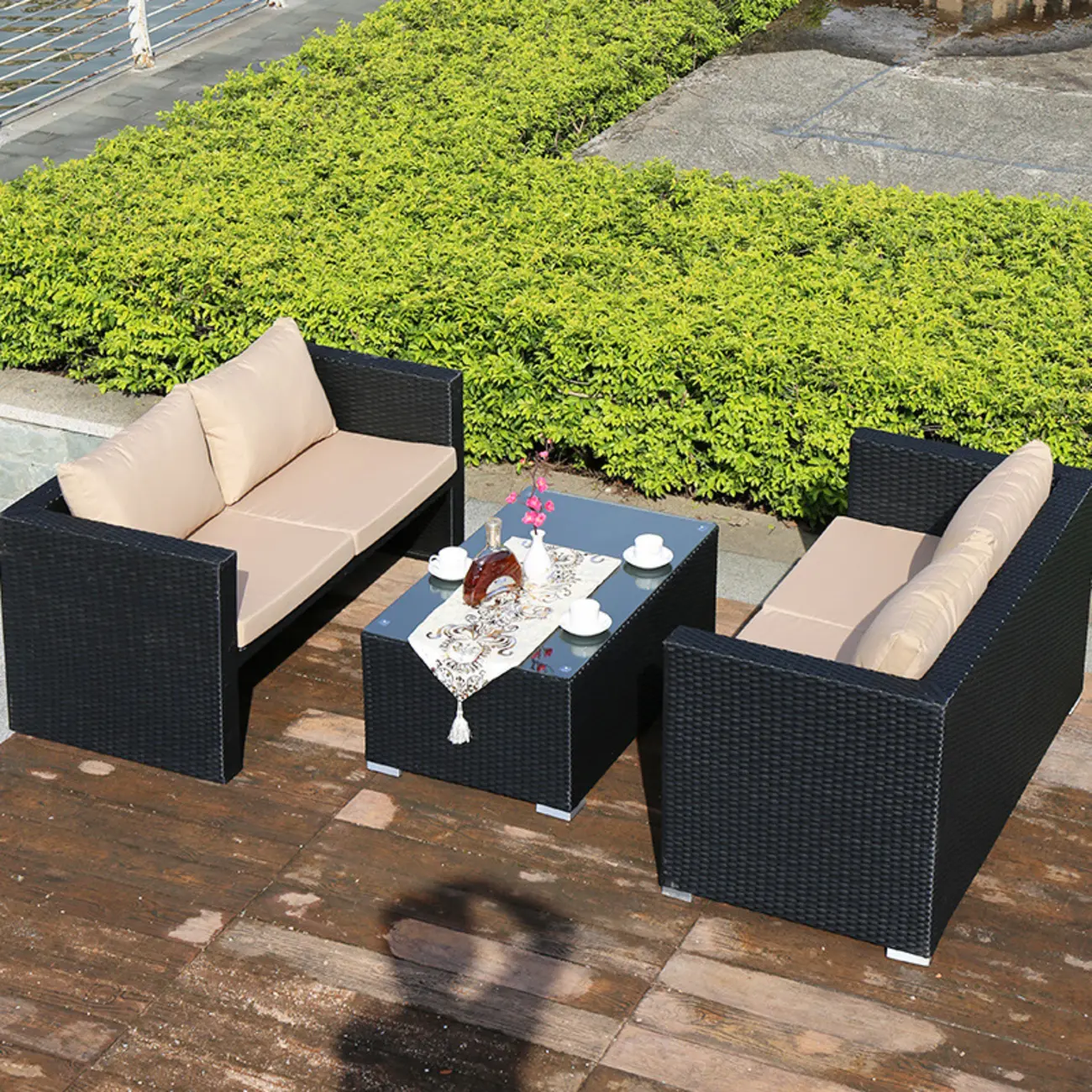 Modern Woven Black Double Sofa Waterproof with Brown Seat Image - 1 | homeyfad