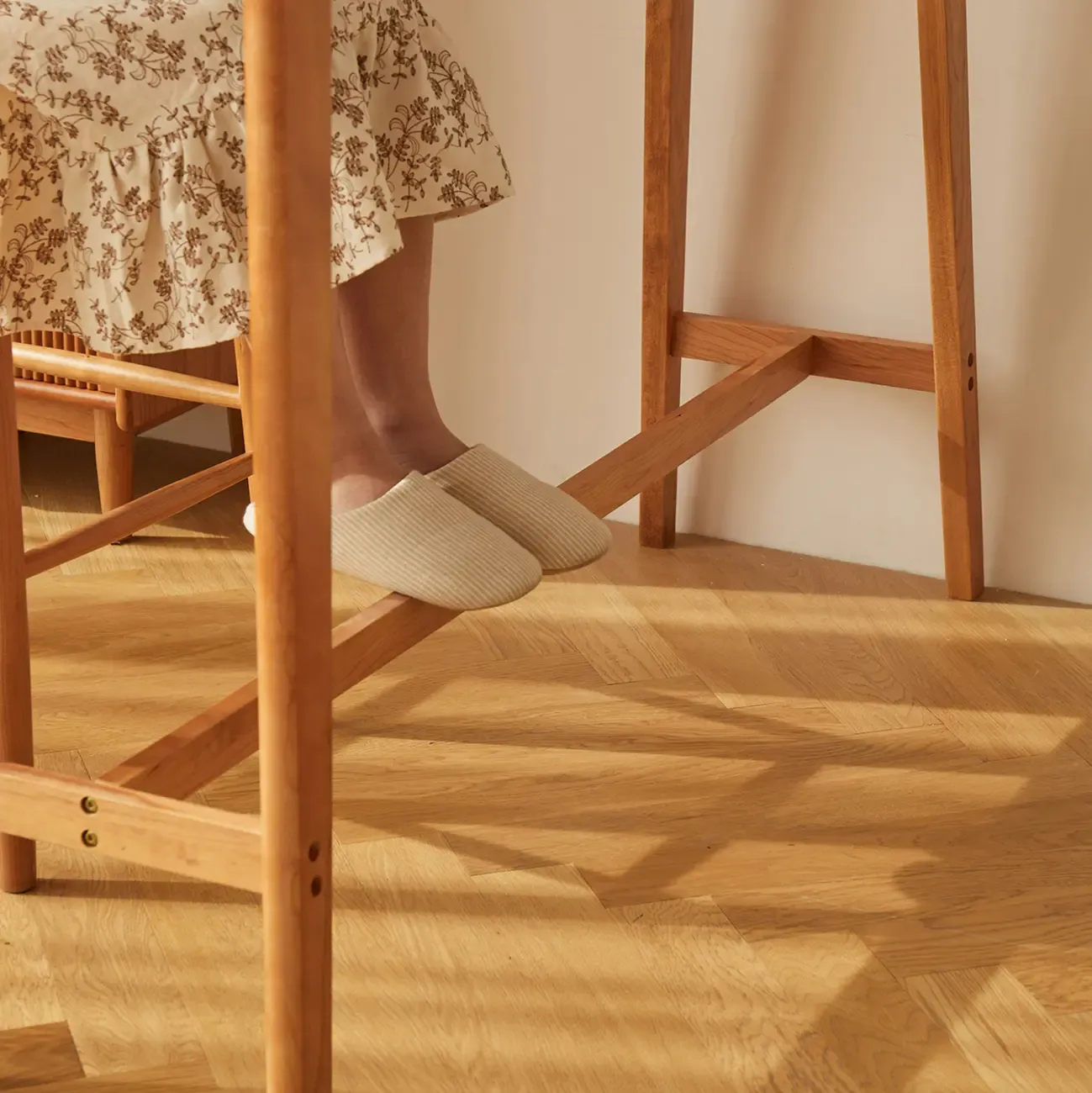 Scandinavian Cherry Wood Narrow Bar Table with Footrest for Dining Image - 9