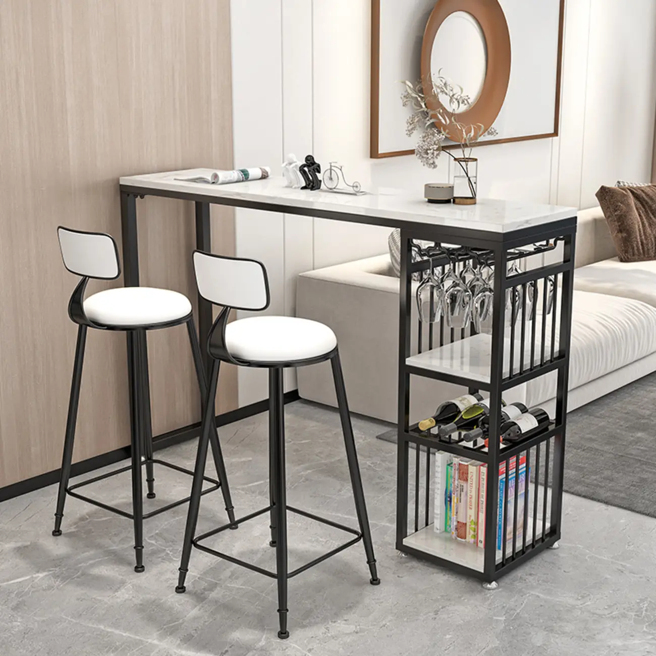 Modern Marble Rectangle Bar Table with Metal Storage Shelve for Living Room Image - 1 | homeyfad