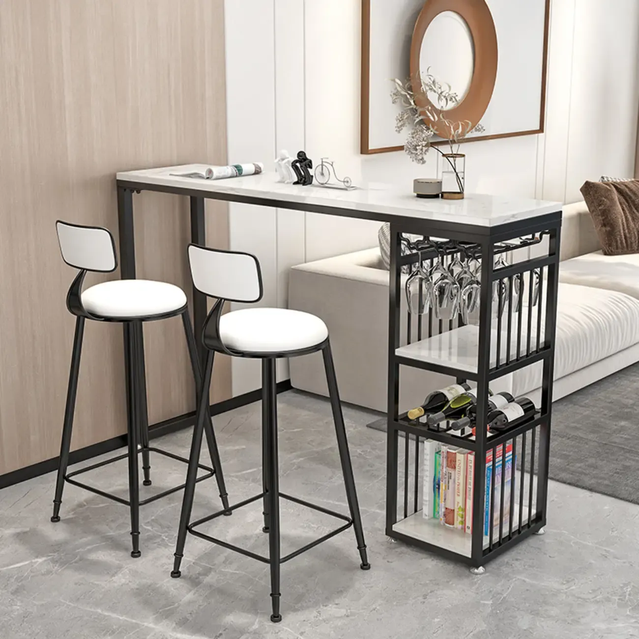 Modern Marble Rectangle Bar Table with Metal Storage Shelve for Living Room Image - 1