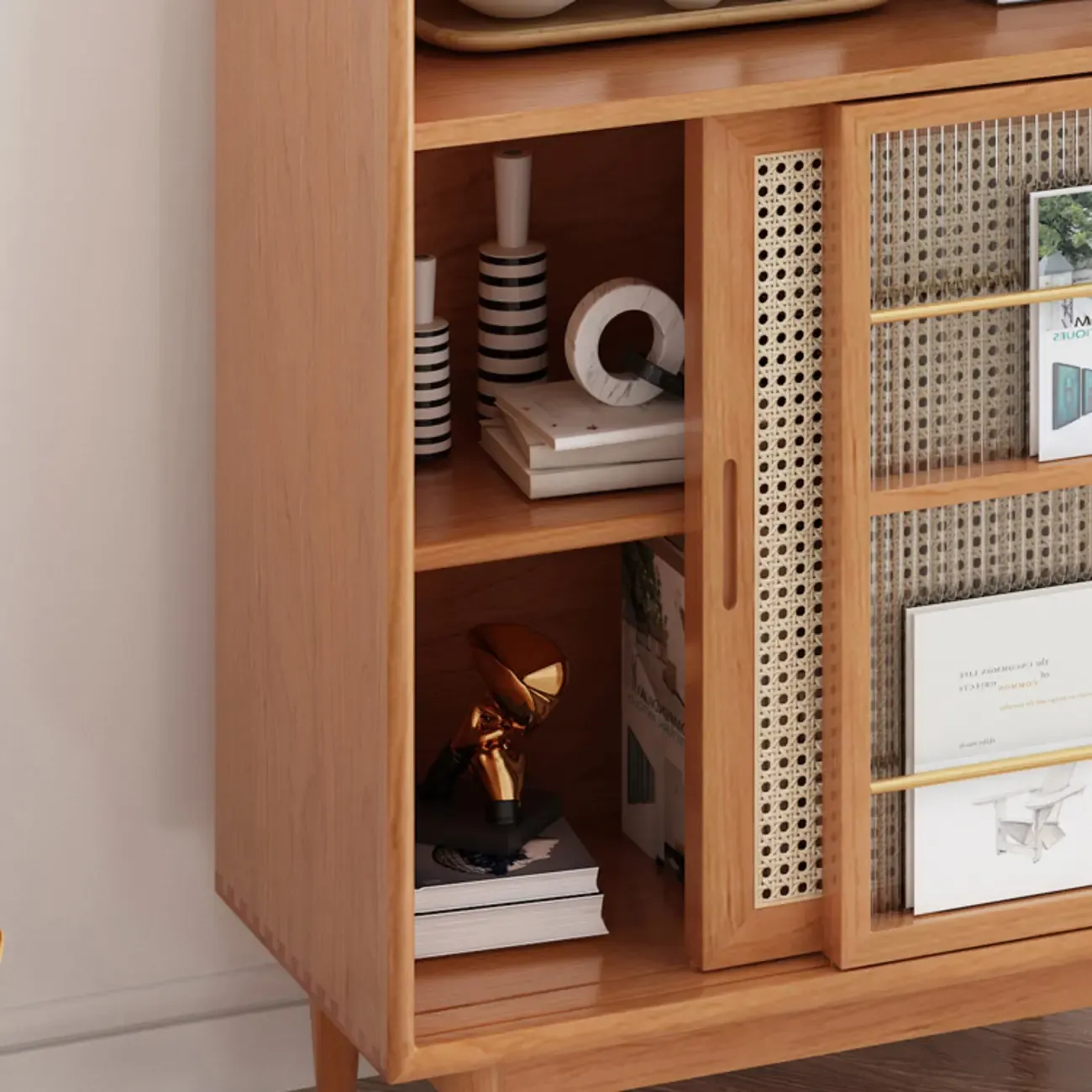Wooden Display Cabinet with Rattan Doors for Bedroom Image - 15