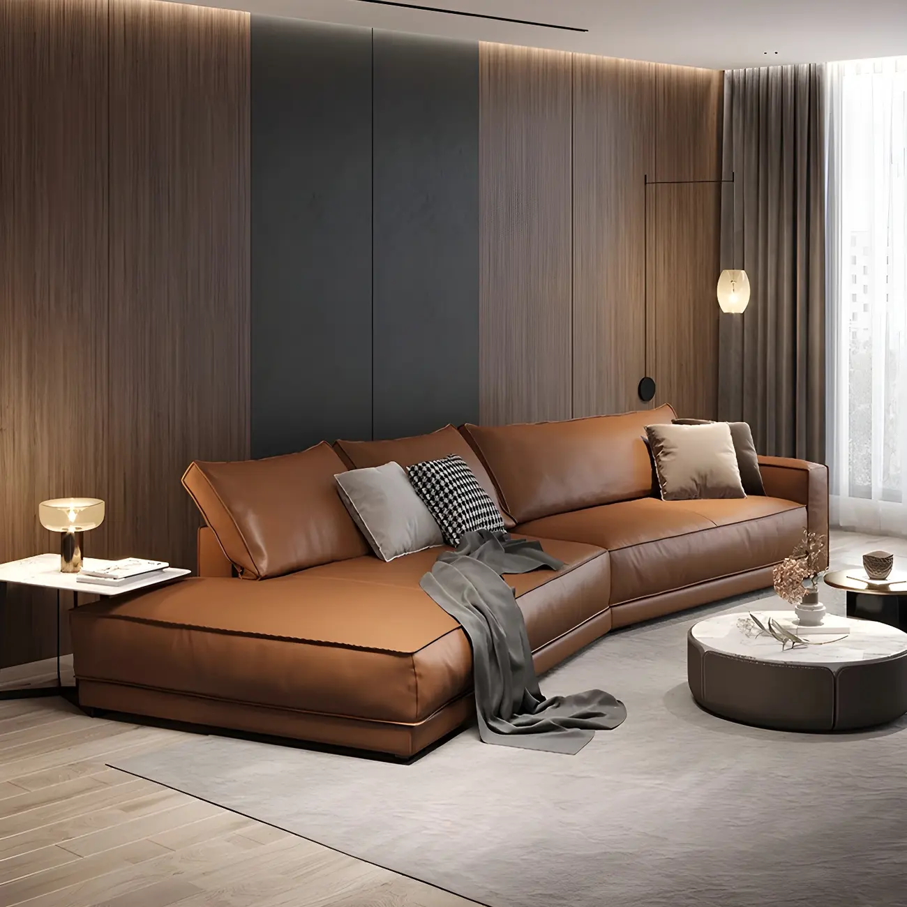 Luxury L-shape Sofa Chaise in Leather with Component  Image - 1 | homeyfad