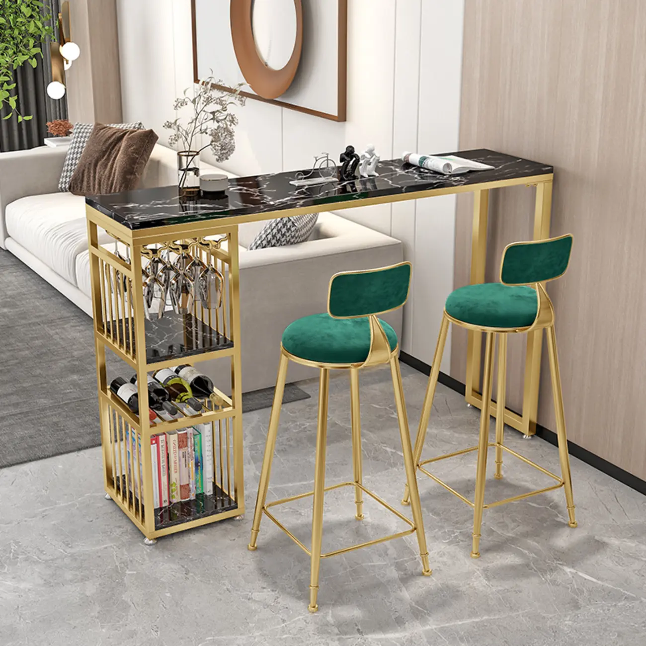 Modern Marble Rectangle Bar Table with Metal Storage Shelve for Living Room Image - 4 | homeyfad