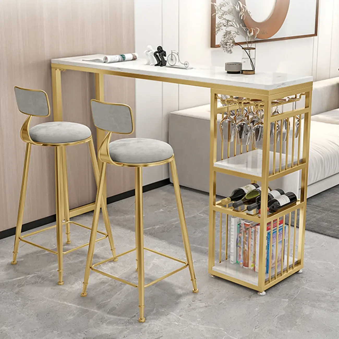 Modern Marble Rectangle Bar Table with Metal Storage Shelve for Living Room Image - 5