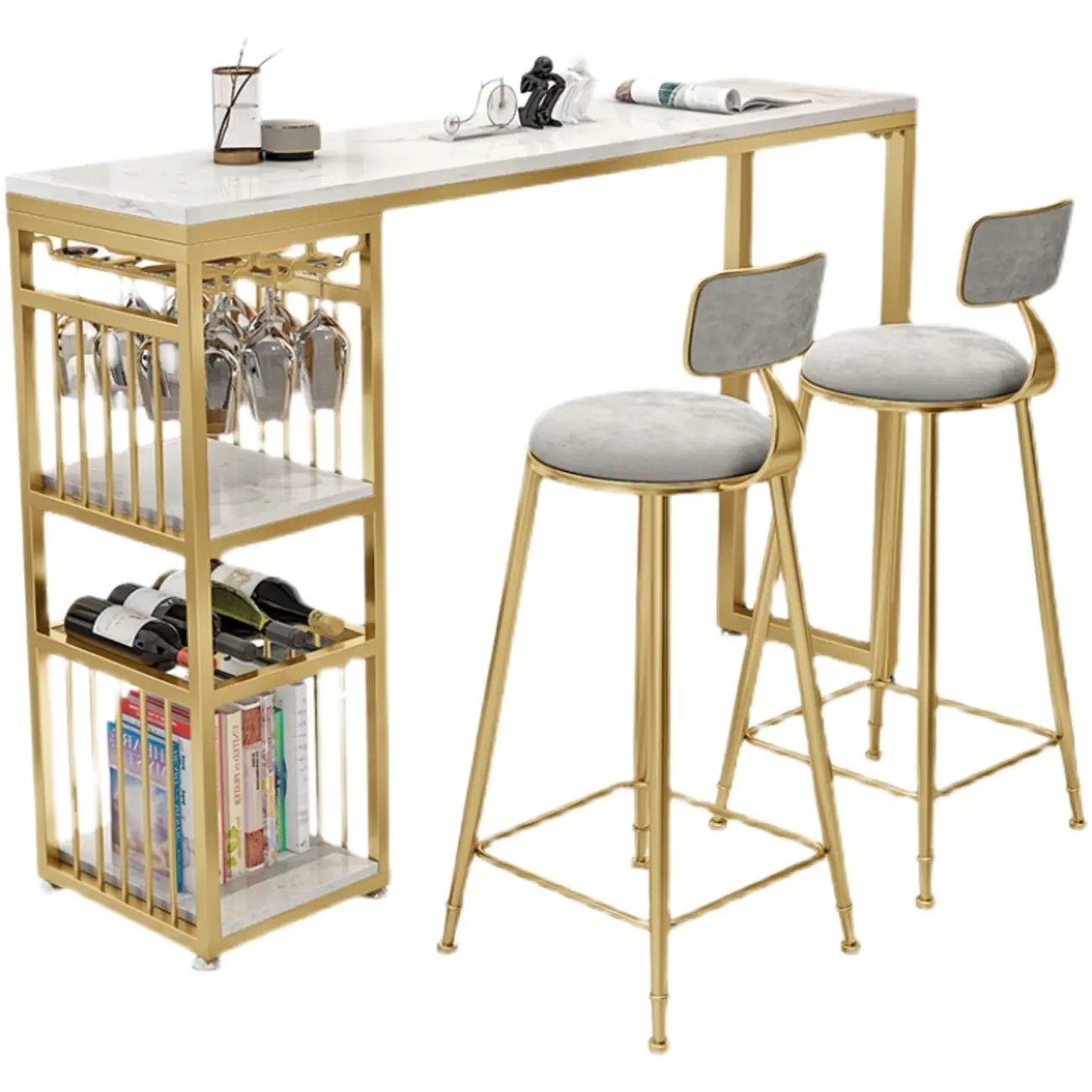 Modern Marble Rectangle Bar Table with Metal Storage Shelve for Living Room Image - 6 | homeyfad