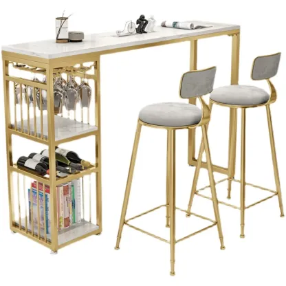 Modern Marble Rectangle Bar Table with Metal Storage Shelve for Living Room Image - 6