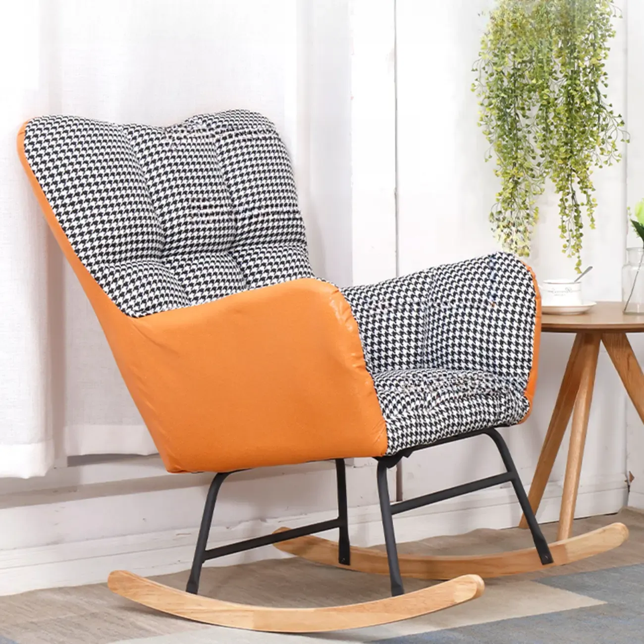 Tech Cloth Upholstered Wood Rocking Chair with Recessed Arm Image - 4