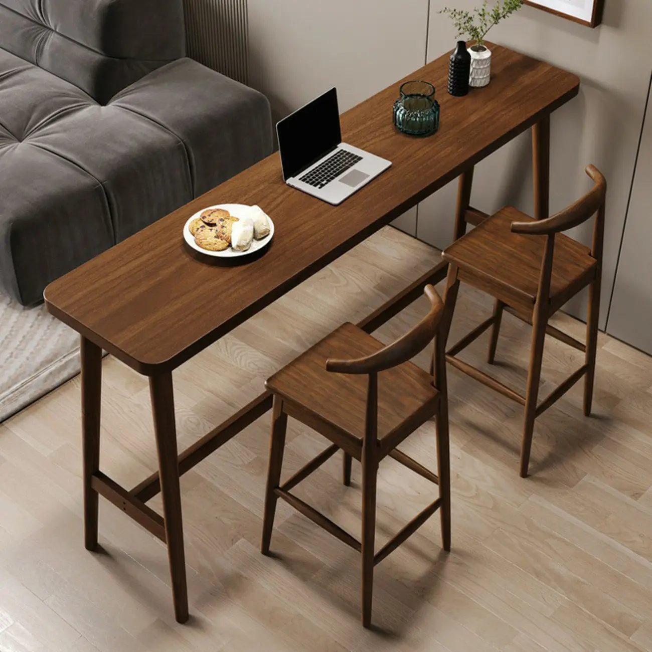 Nordic Wooden Norraw Bar Table with Footrest for Living Room Image - 3 | homeyfad