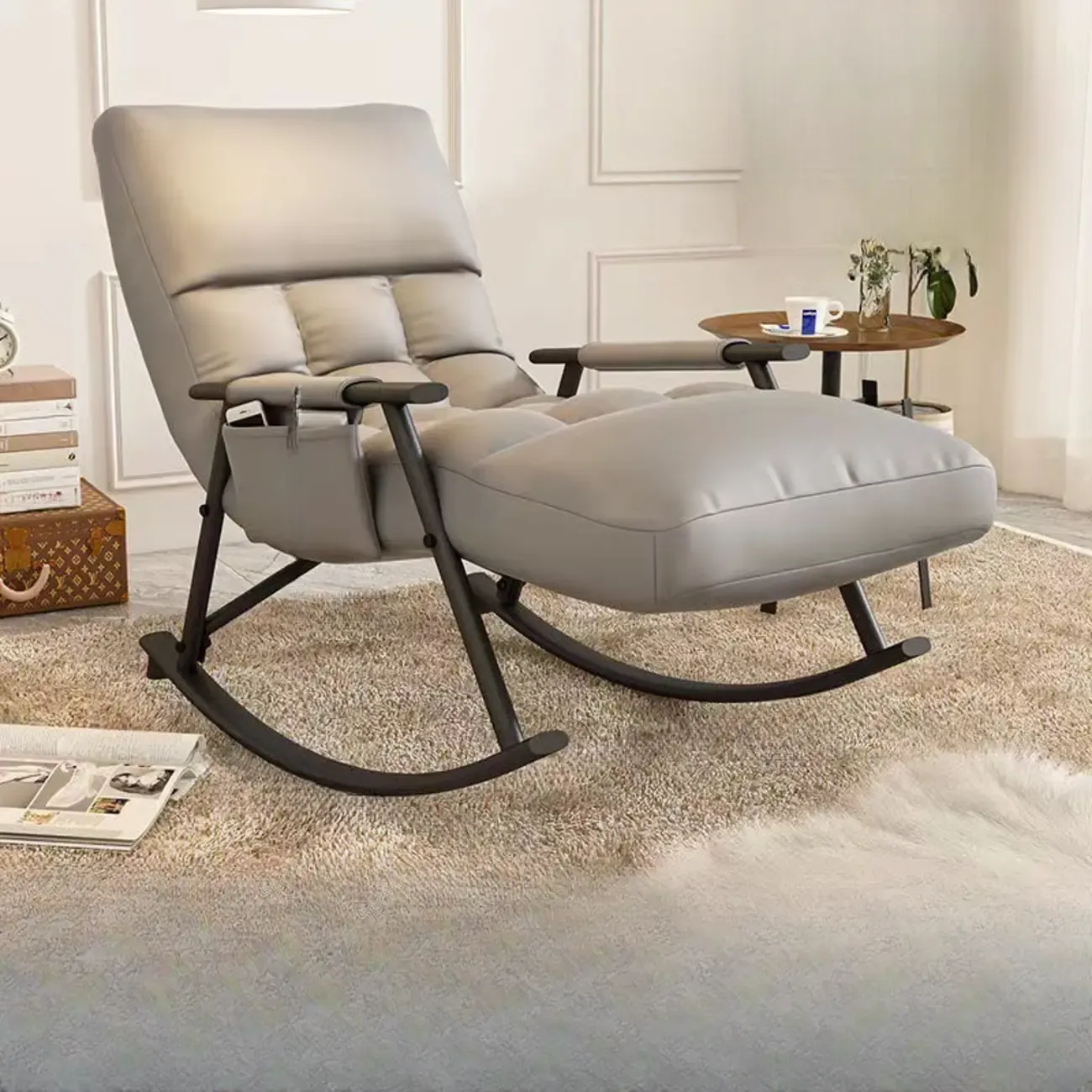 Modern Grey Upholstered Rocking Chair with Ottoman for Living Room Image - 1