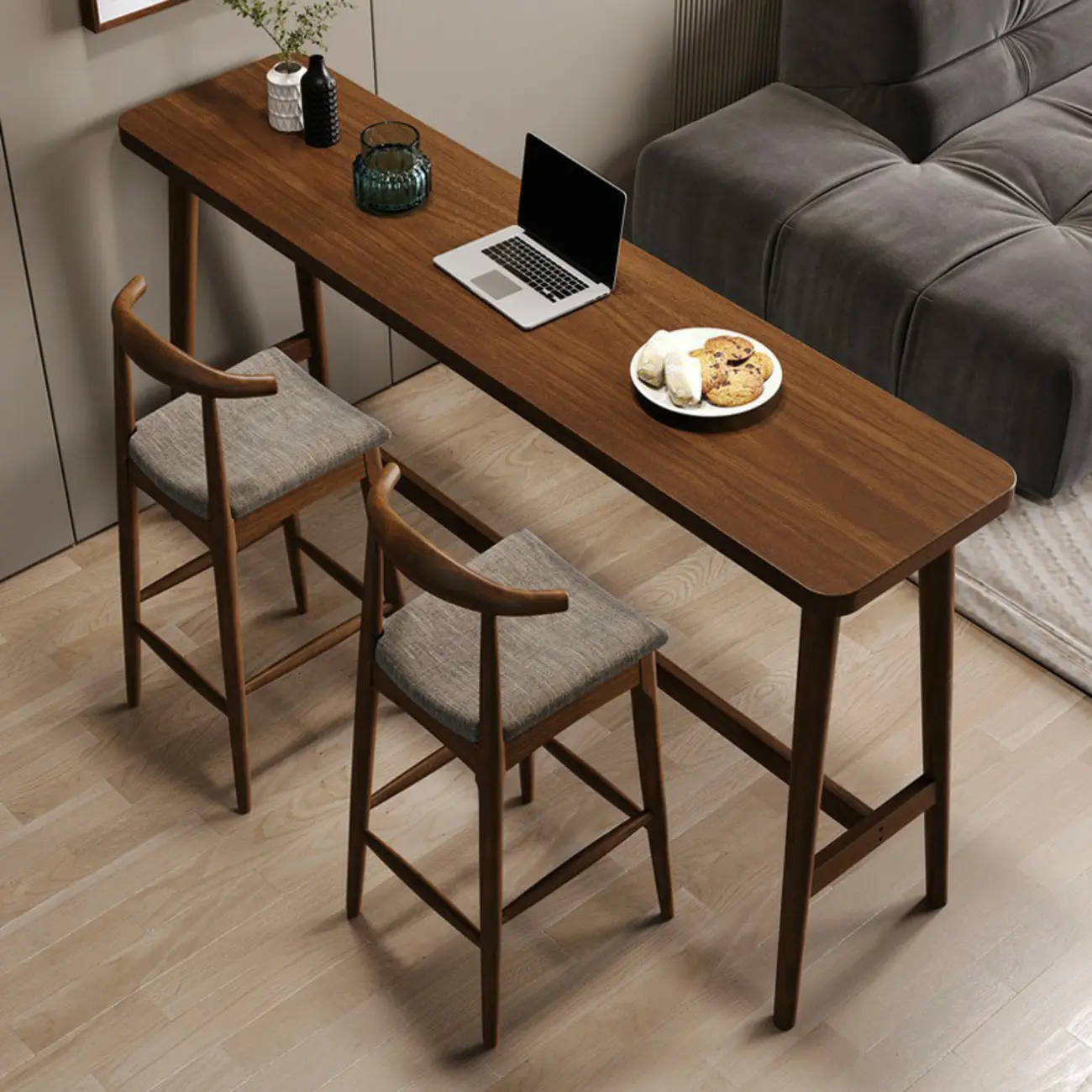 Nordic Wooden Norraw Bar Table with Footrest for Living Room Image - 4 | homeyfad