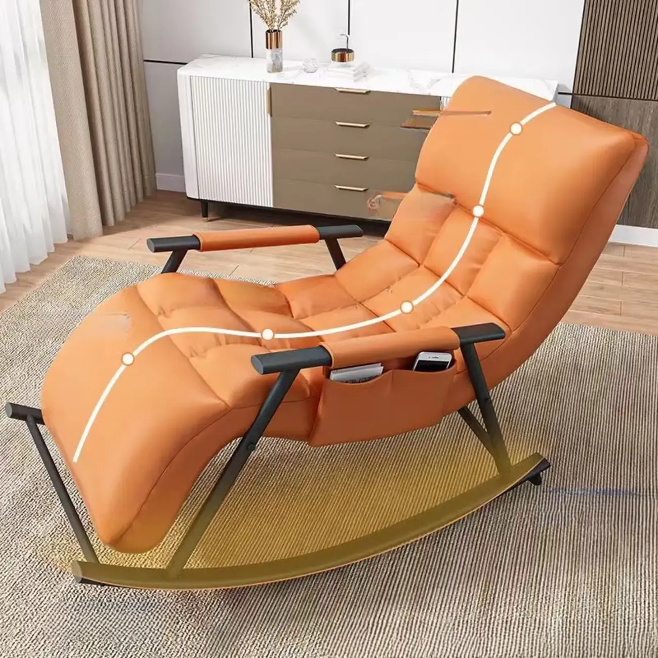 Modern Grey Upholstered Rocking Chair with Ottoman for Living Room Image - 2