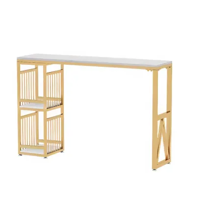 Modern Marble Rectangle Bar Table with Metal Storage Shelve for Living Room Image - 10