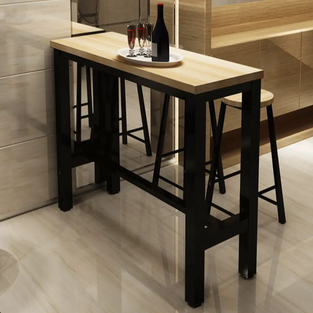 Modern Black Bar Table with Wood Top and Metal Legs for Bistro Image - 5 | homeyfad