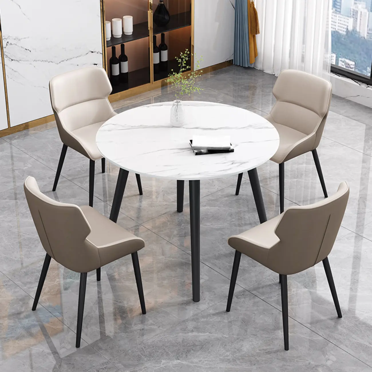Modern Slate Round Dining Set with Upholstered Chairs Image - 1 | homeyfad