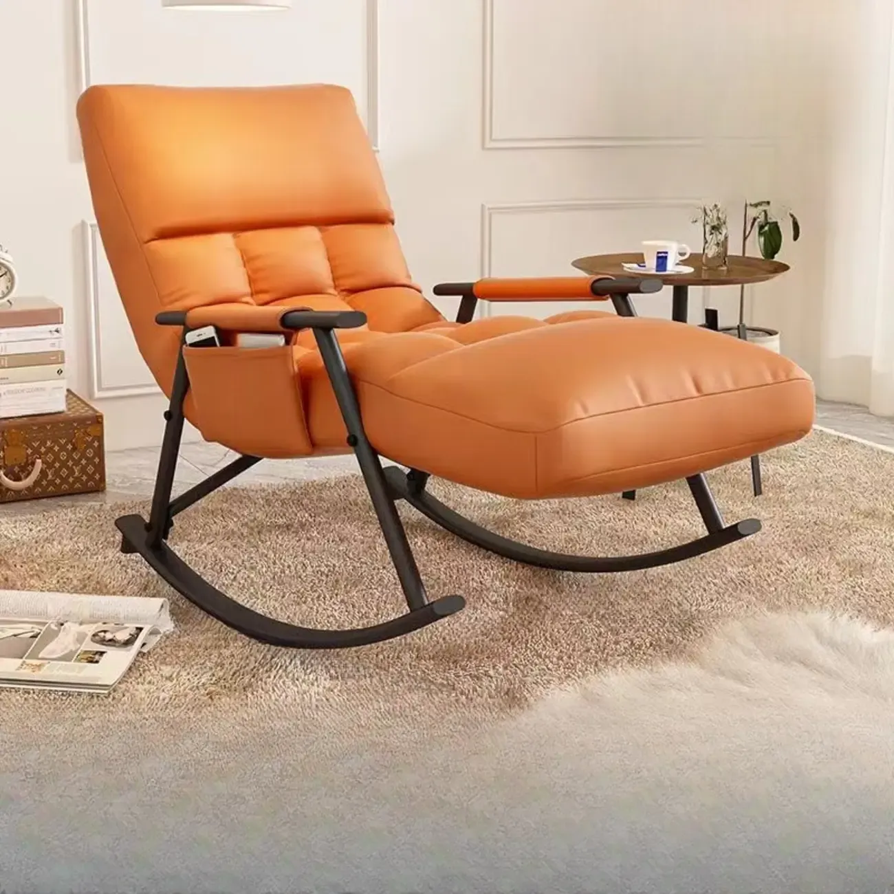 Modern Grey Upholstered Rocking Chair with Ottoman for Living Room Image - 5