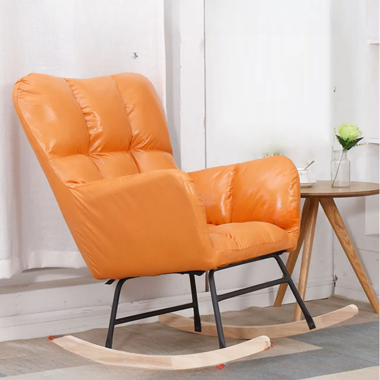 Tech Cloth Upholstered Wood Rocking Chair with Recessed Arm Image - 12 | homeyfad