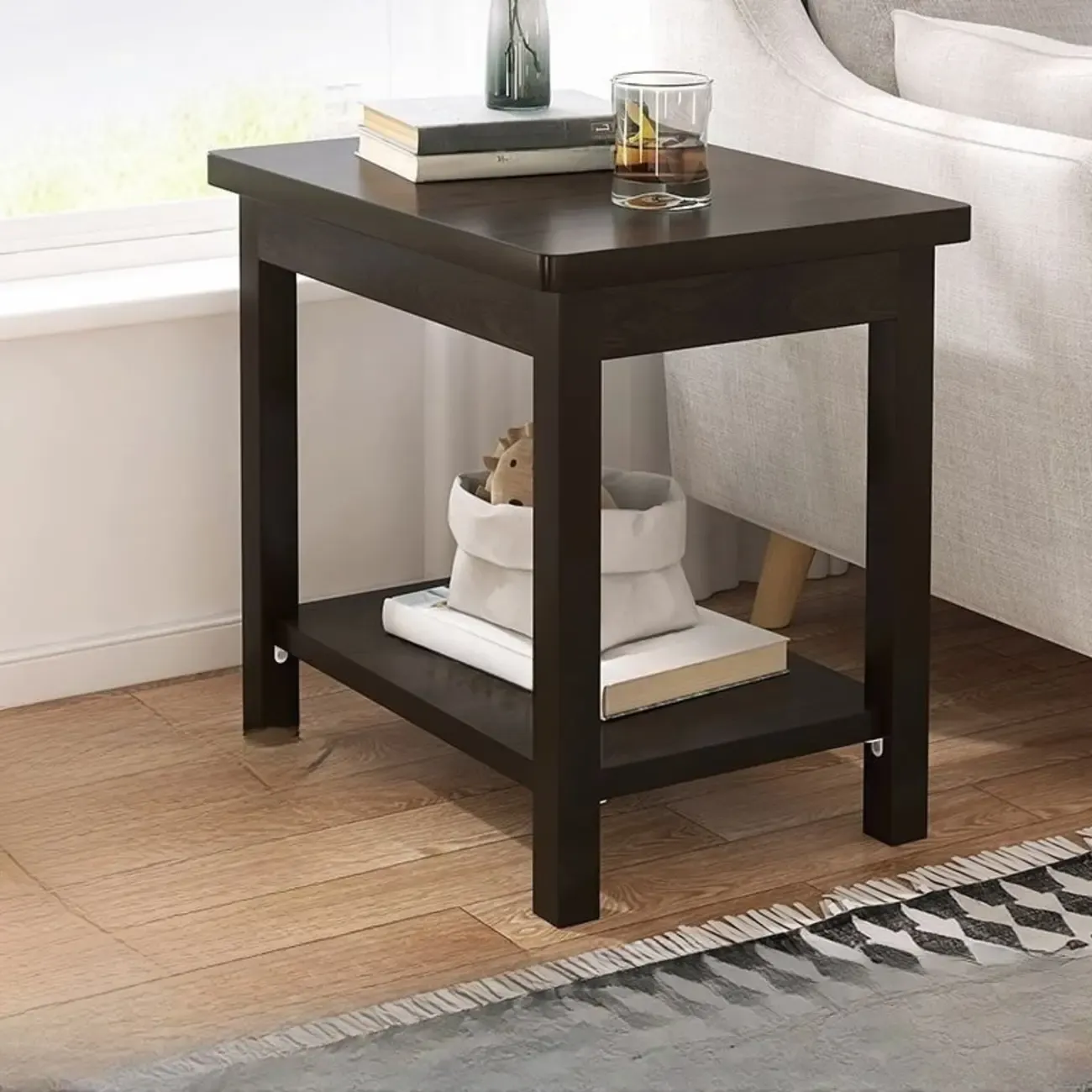 Minimalist Black Wood End Table with Storage for Living Room Image - 23