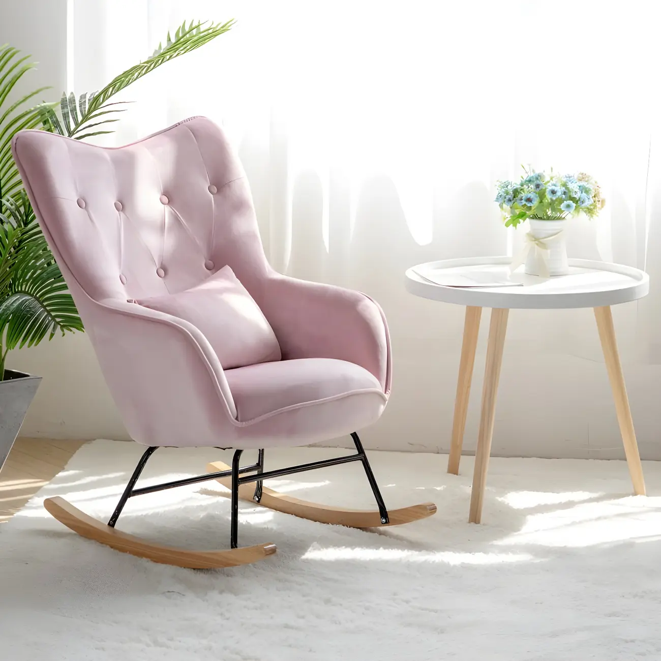 Scandinavian Wingback Velvet Rocking Chair with Pillow  Image - 1 | homeyfad
