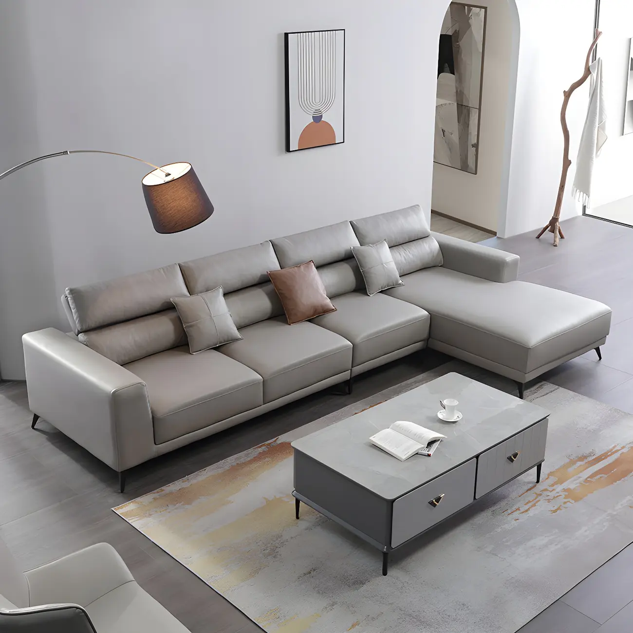 Industrial Gray Sectionals sofa with Faux Leather for living Image - 1 | homeyfad