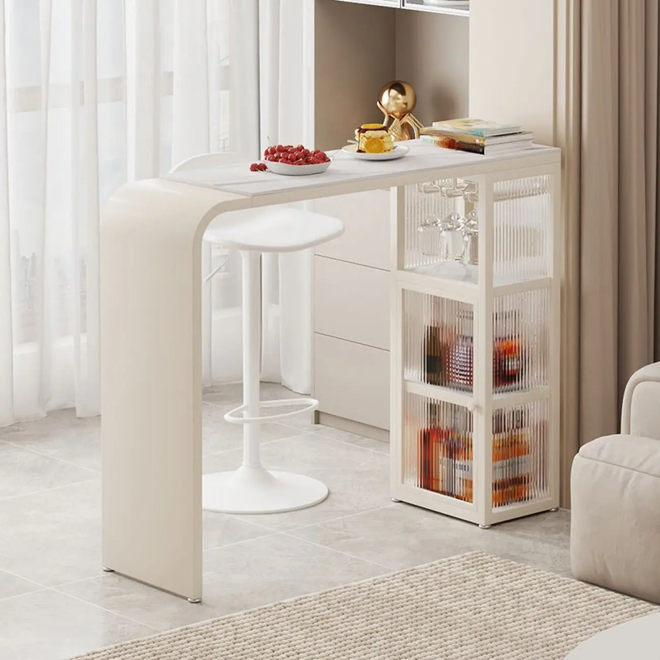 Nordic White Stone Sleek Bar Table with Glass Cabinet Image - 1 | homeyfad