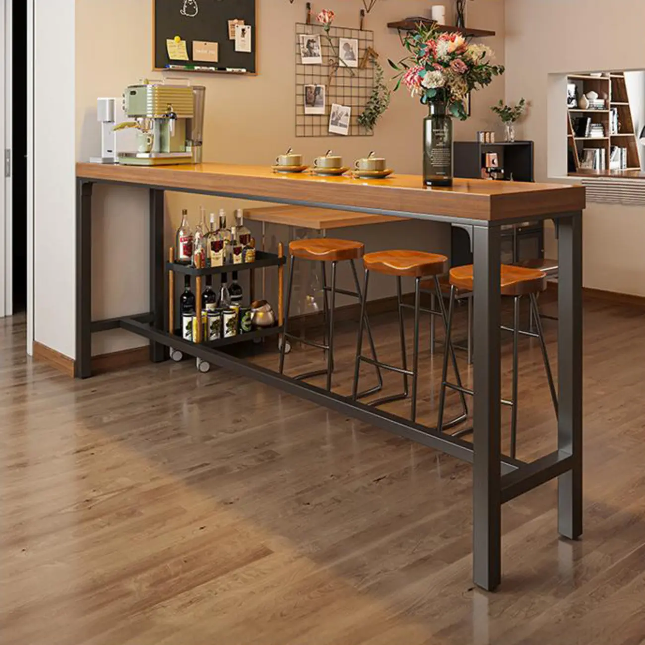 Contemporary Wooden Long Bar Table with Metal Footrest for 8 People Image - 1 | homeyfad