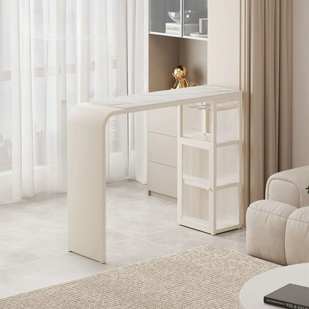 Nordic White Stone Sleek Bar Table with Glass Cabinet Image - 2 | homeyfad