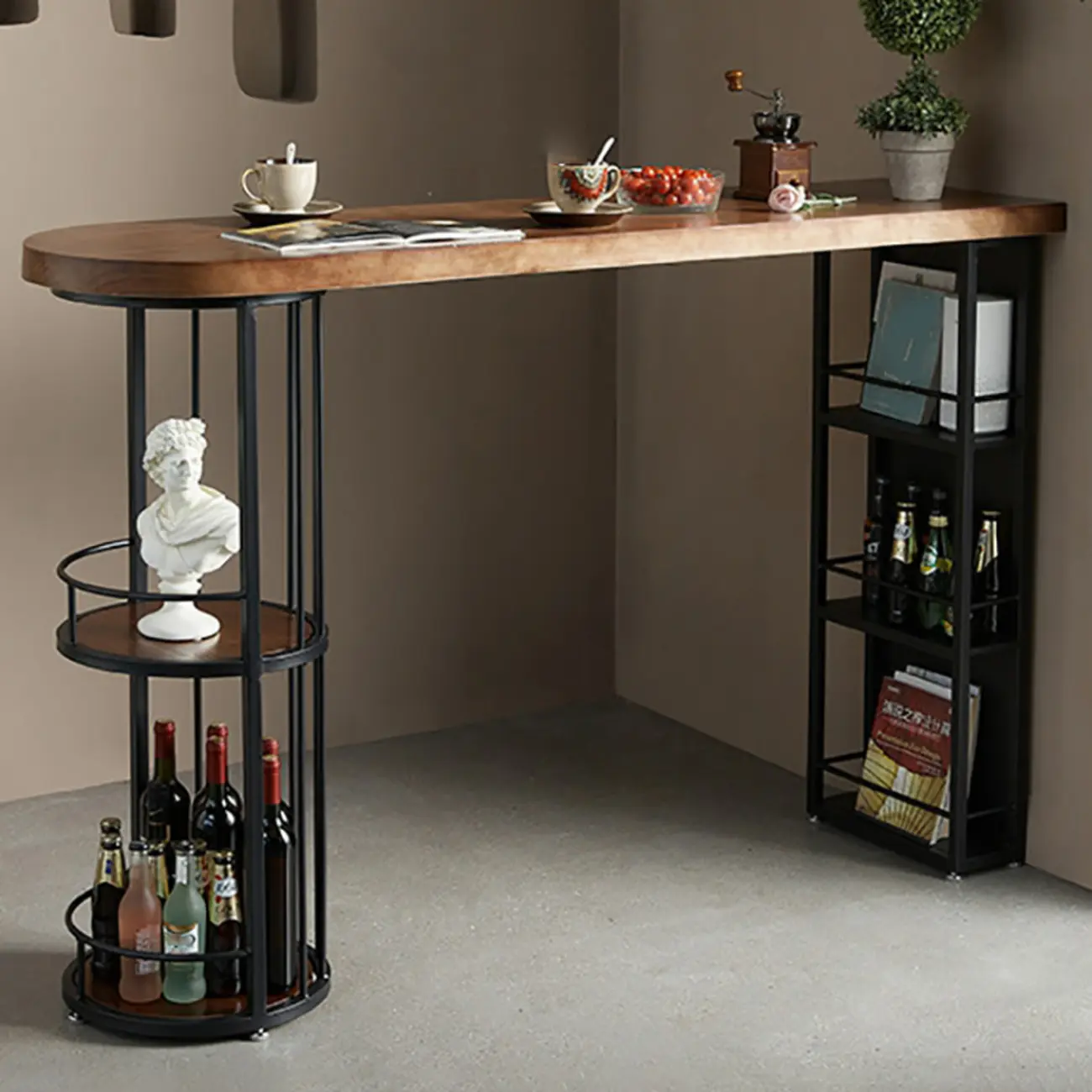 Wooden Narrow Bar Table with Double Storage Shelves Image - 2 | homeyfad