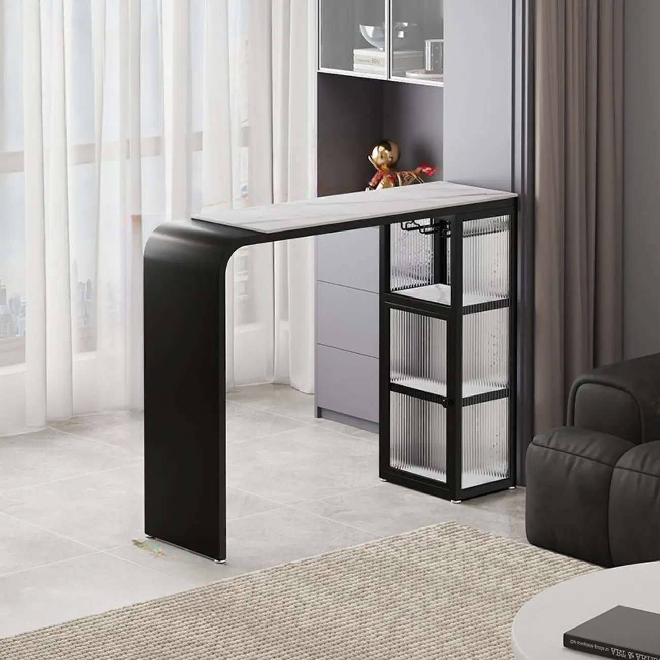 Nordic White Stone Sleek Bar Table with Glass Cabinet Image - 4 | homeyfad
