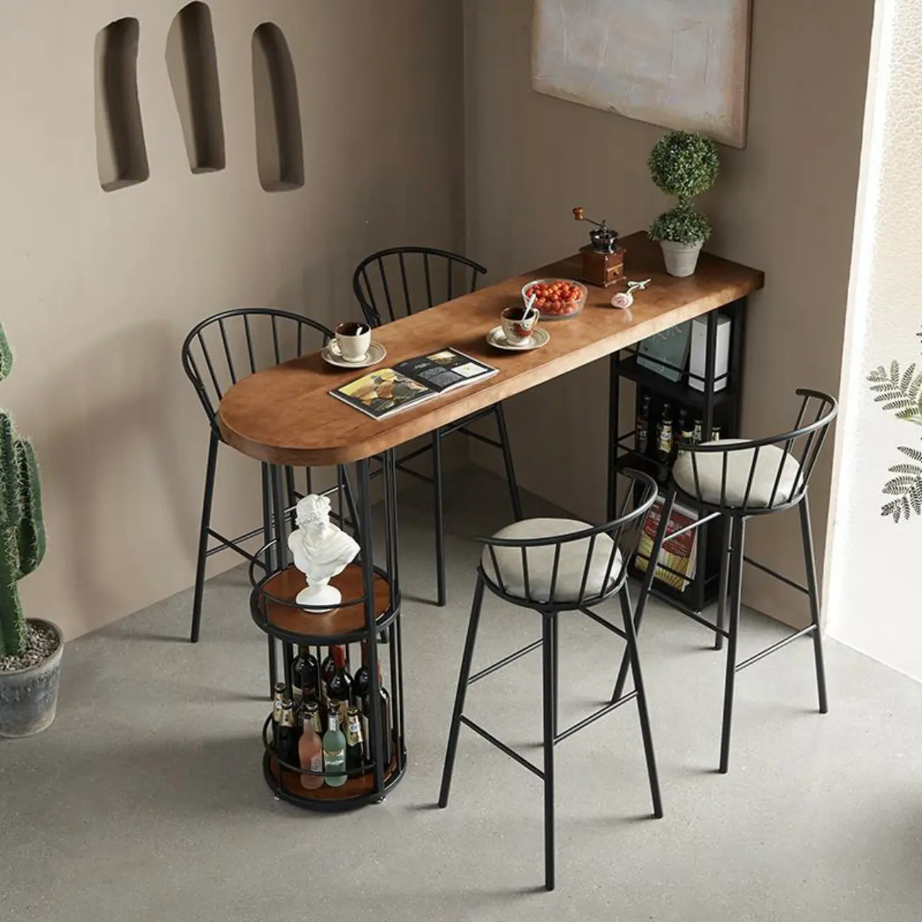 Wooden Narrow Bar Table with Double Storage Shelves Image - 3 | homeyfad