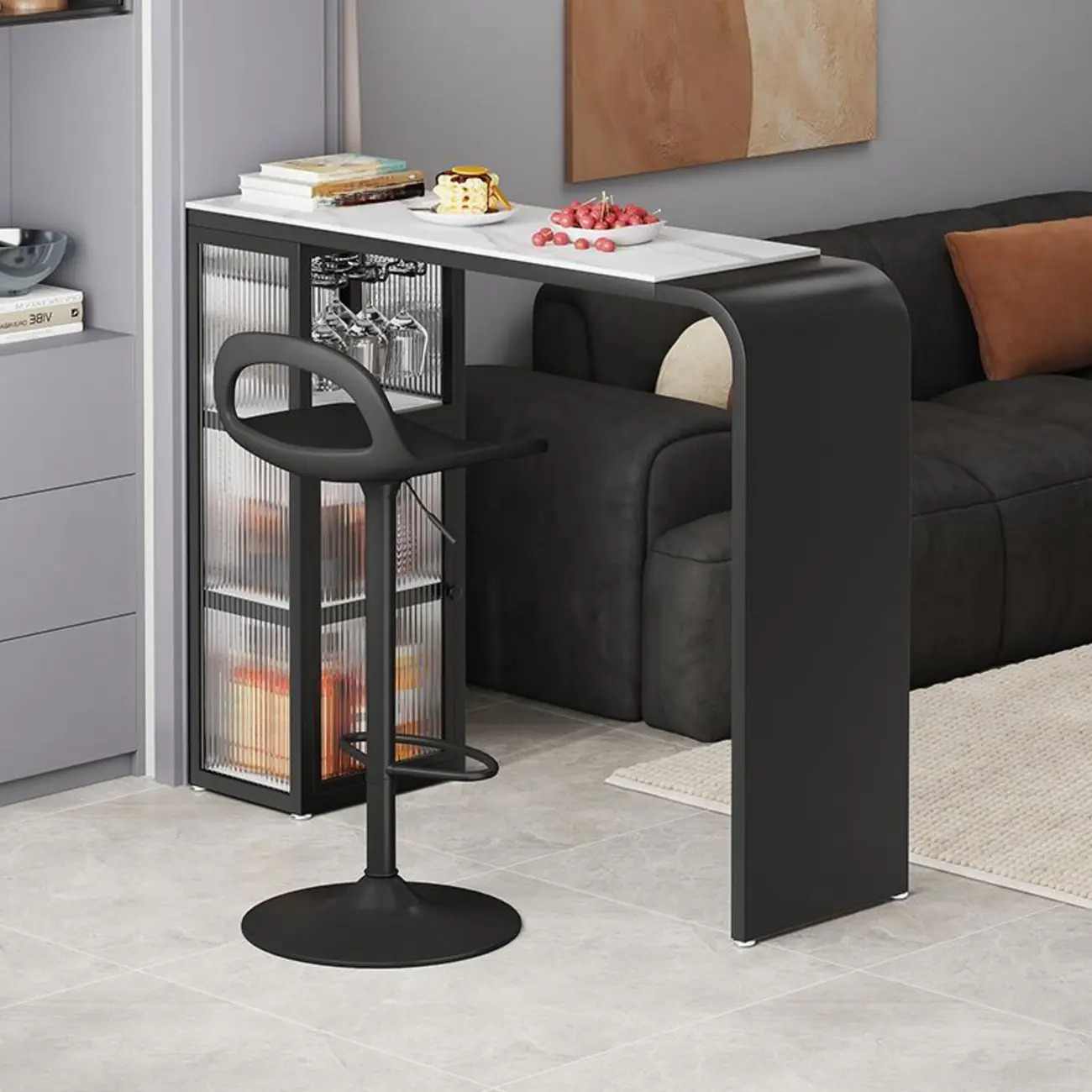 Nordic White Stone Sleek Bar Table with Glass Cabinet Image - 5 | homeyfad