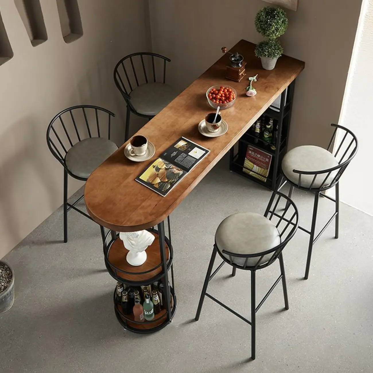 Wooden Narrow Bar Table with Double Storage Shelves Image - 4 | homeyfad