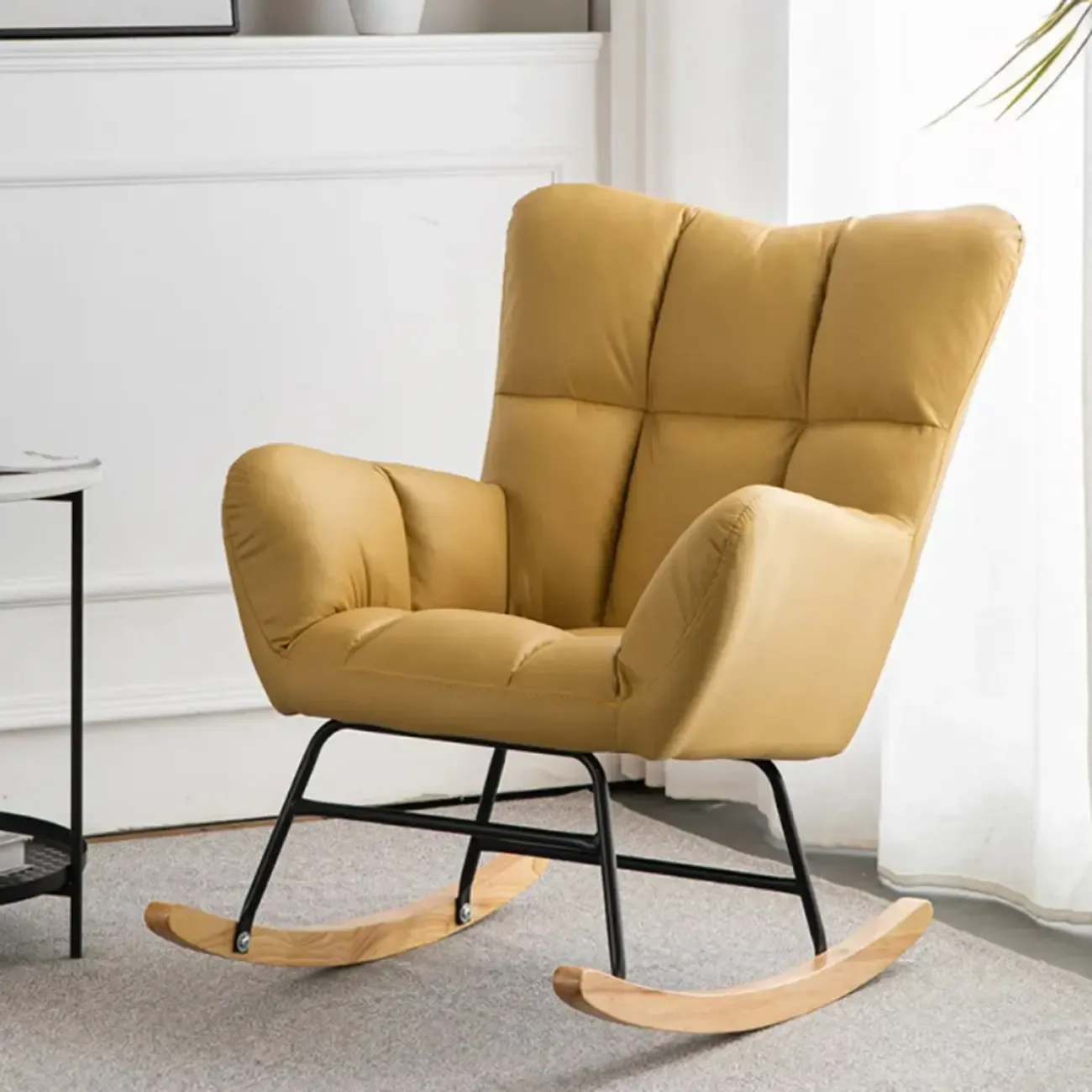 Modern Upholstered Ergonomic Rocking Chair with Round Arm Image - 2