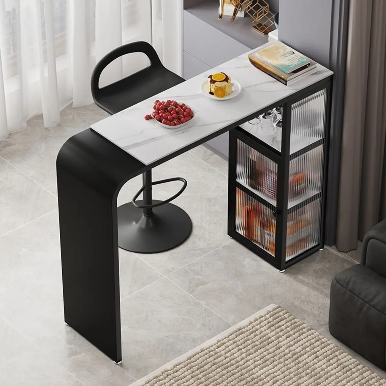 Nordic White Stone Sleek Bar Table with Glass Cabinet Image - 7 | homeyfad