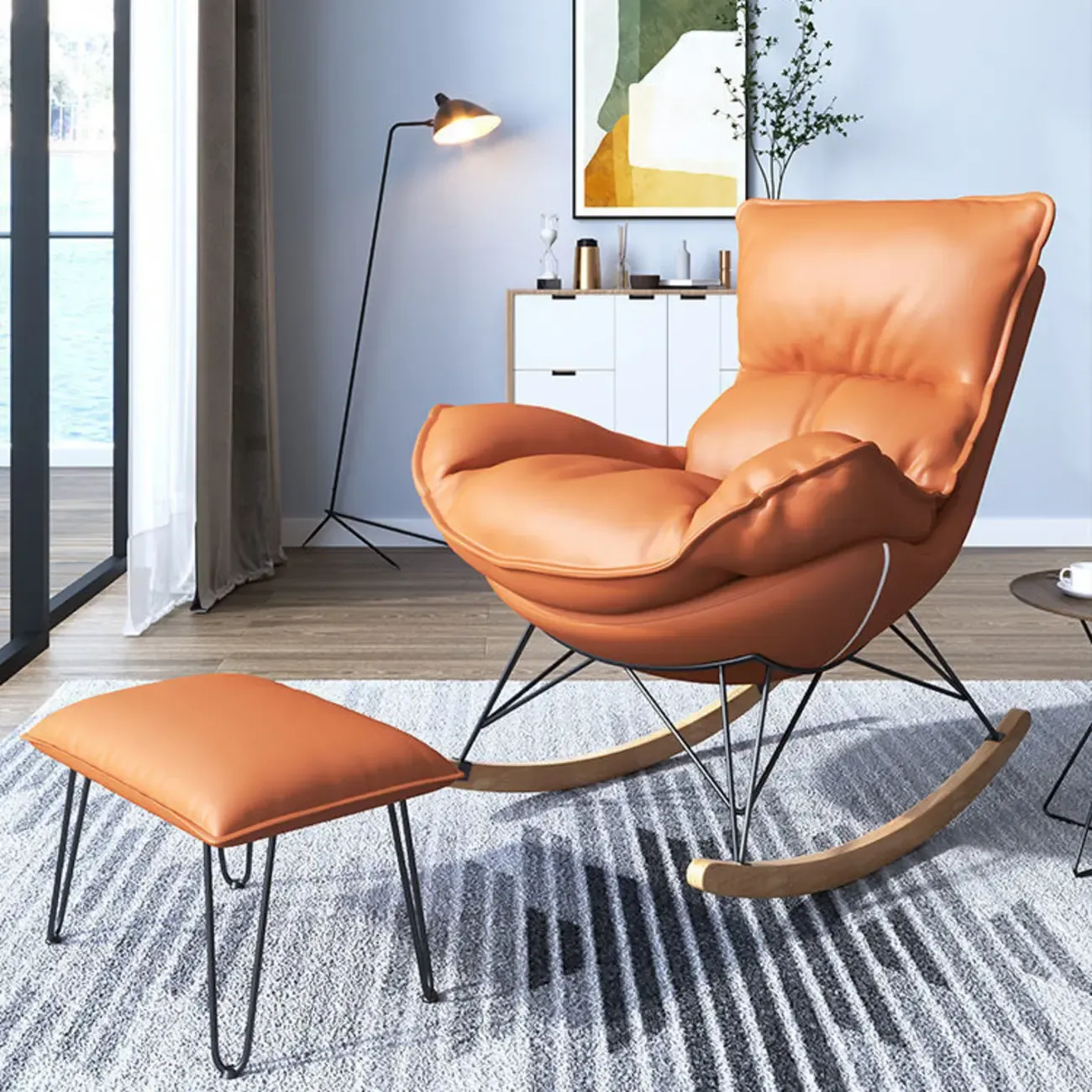 Flannel Upholstered Rocking Chair with Ottoman for Living Room Image - 3