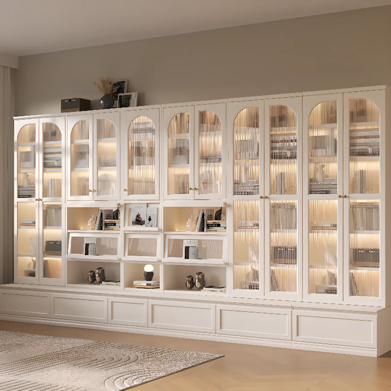 White Wooden Display Cabinet with Shelves for Living Room Image - 4 | homeyfad