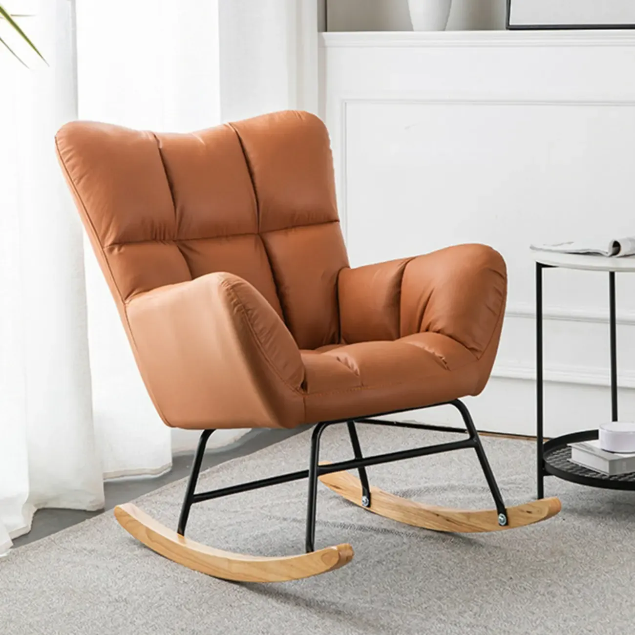 Modern Upholstered Ergonomic Rocking Chair with Round Arm Image - 4