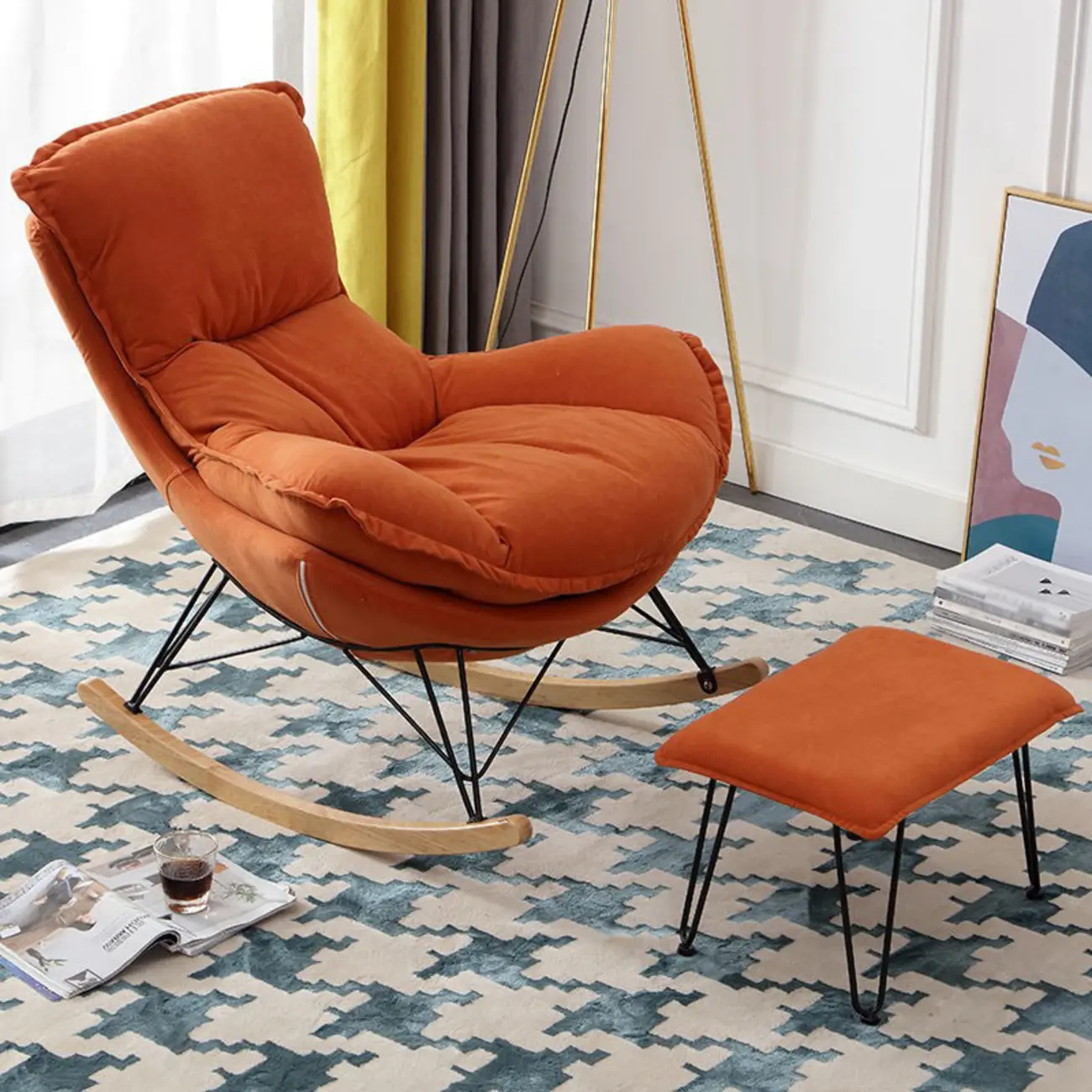 Flannel Upholstered Rocking Chair with Ottoman for Living Room Image - 5 | homeyfad