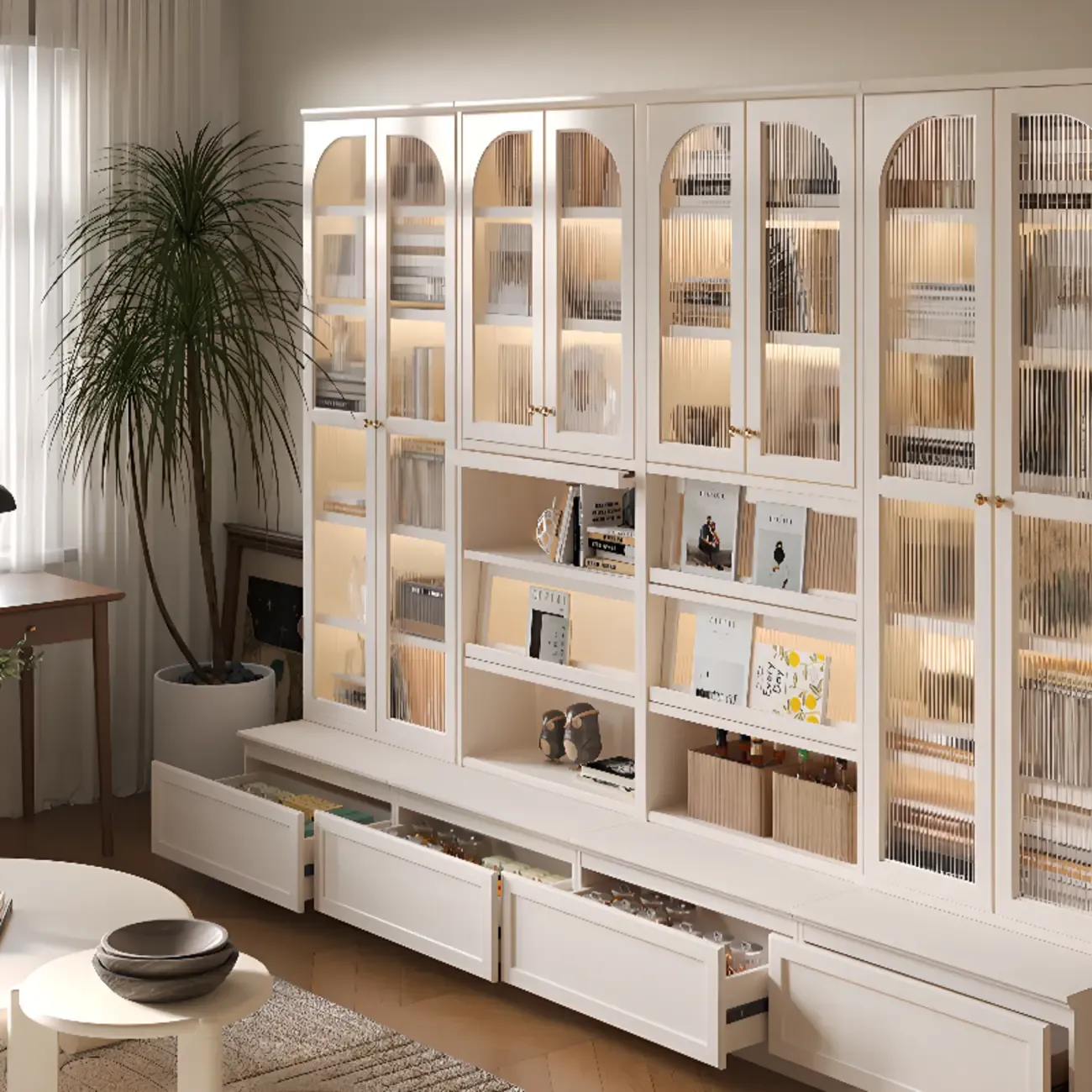 White Wooden Display Cabinet with Shelves for Living Room Image - 6