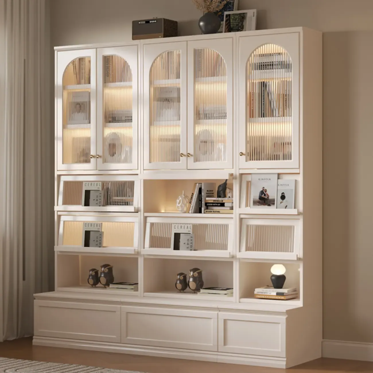 White Wooden Display Cabinet with Shelves for Living Room Image - 7