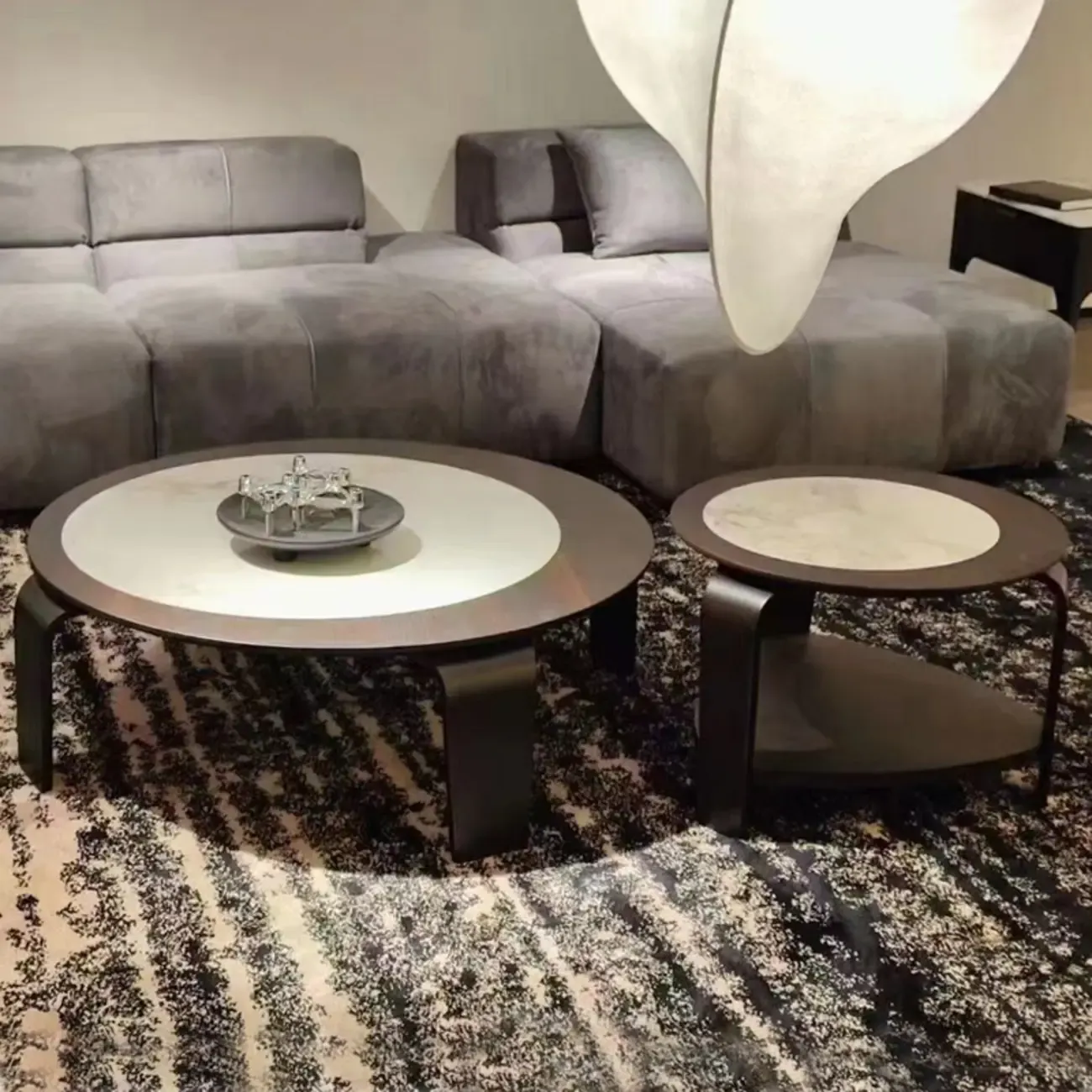 Unique Marble Round 2 Nesting Coffee Table Set with Wood Base Image - 11