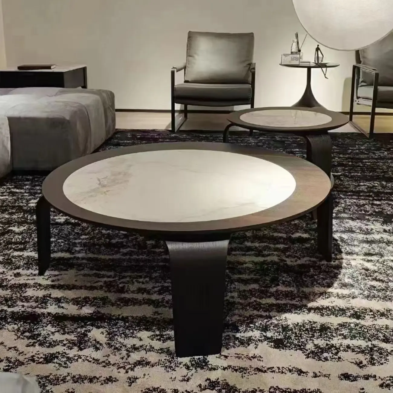 Unique Marble Round 2 Nesting Coffee Table Set with Wood Base Image - 2 | homeyfad
