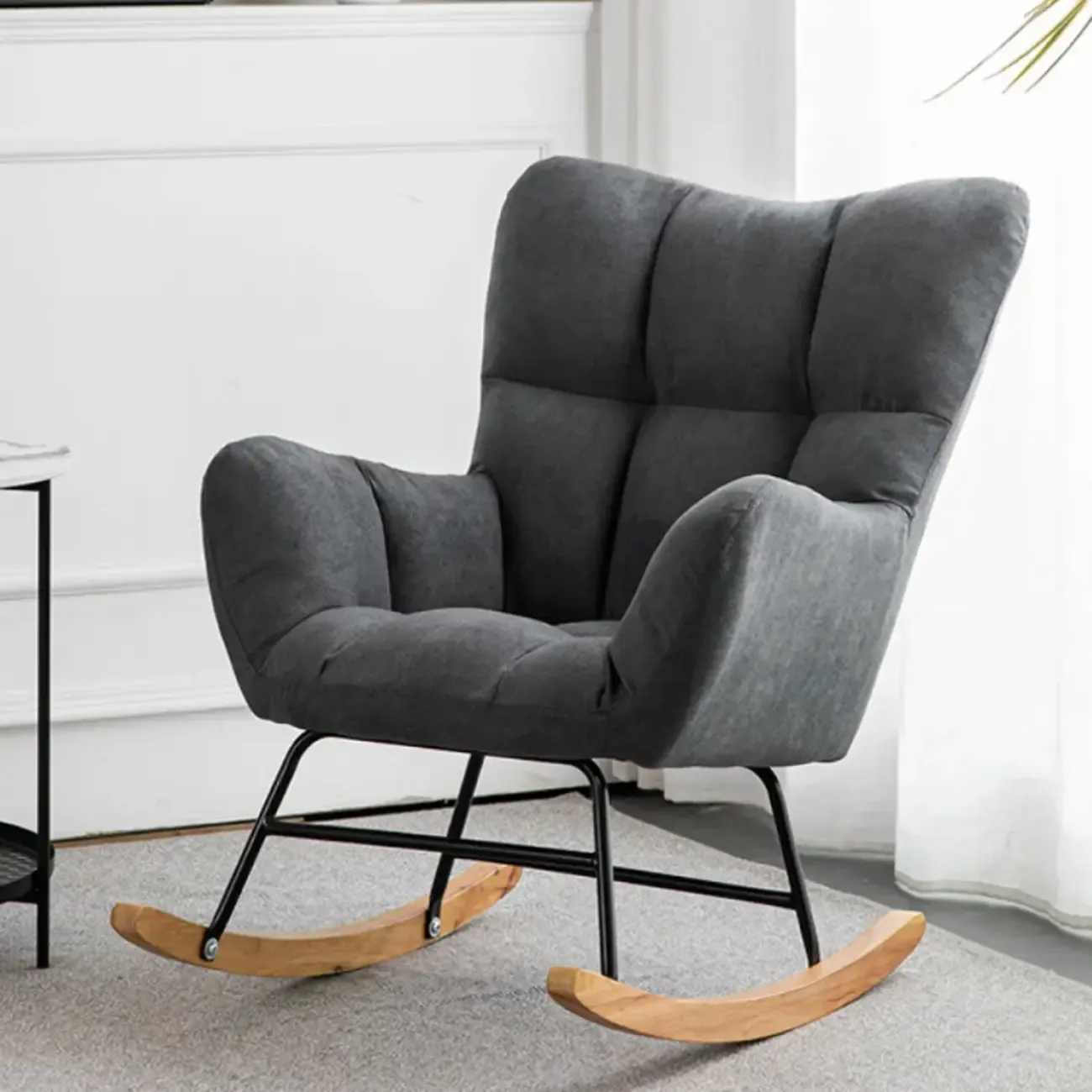 Modern Upholstered Ergonomic Rocking Chair with Round Arm Image - 12