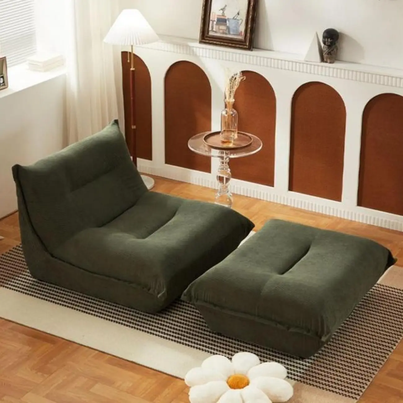 Traditional Green Corduroy Recliner Chair with Ottoman Image - 1 | homeyfad