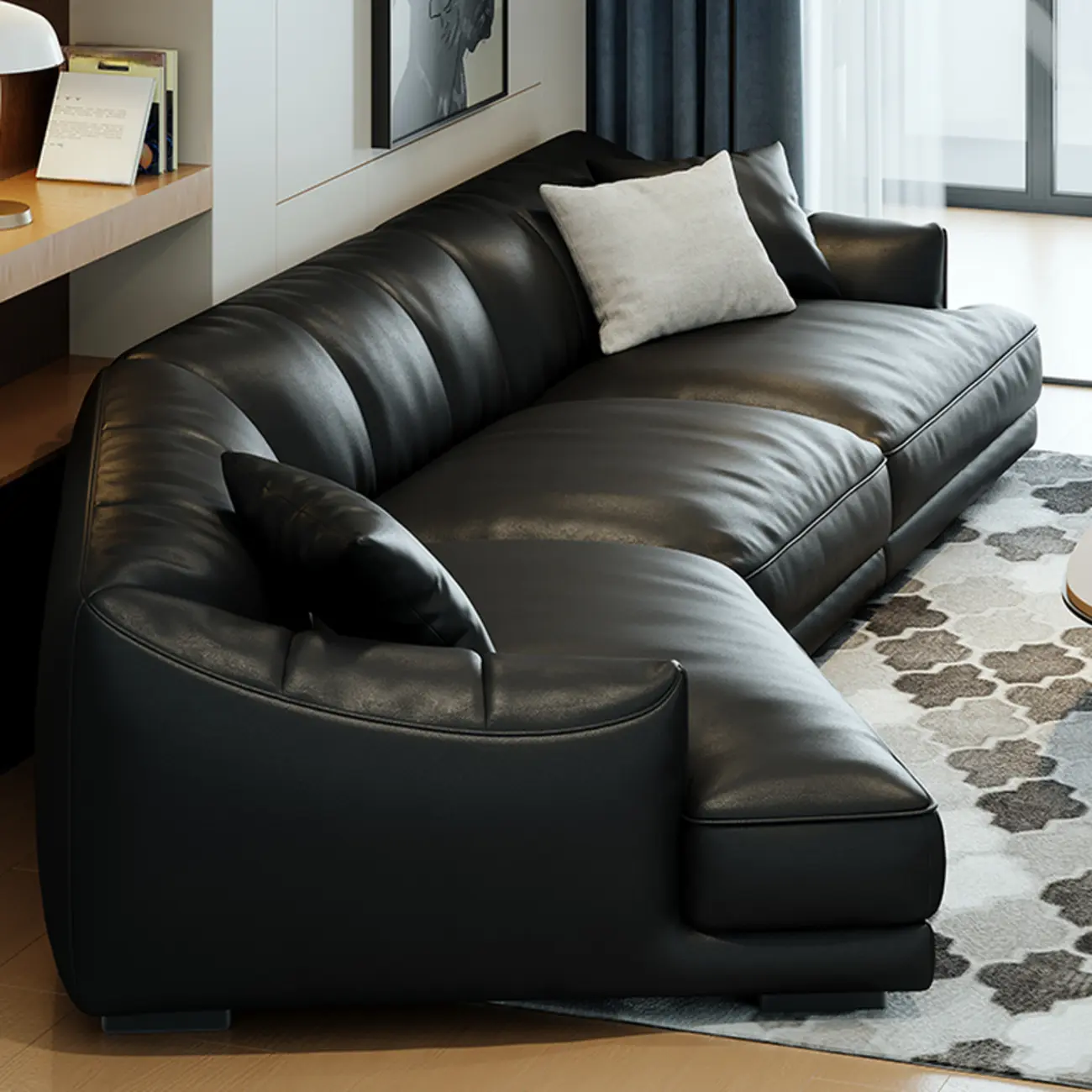 6-Seater Black Corner Leather Sectional Sofa for Living Room Image - 2 | homeyfad