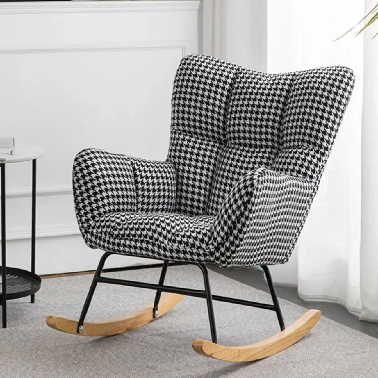Modern Upholstered Ergonomic Rocking Chair with Round Arm Image - 14