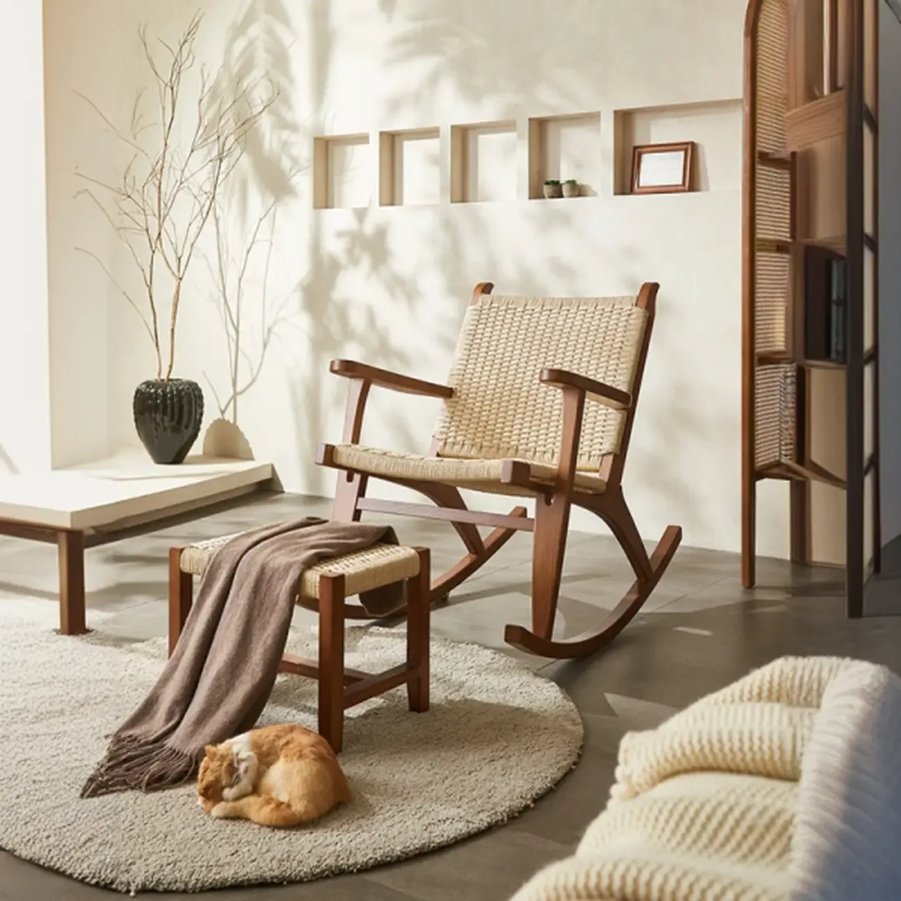 Vintage Natural Wooden Rocking Chair with Optional Ottoman Image - 1