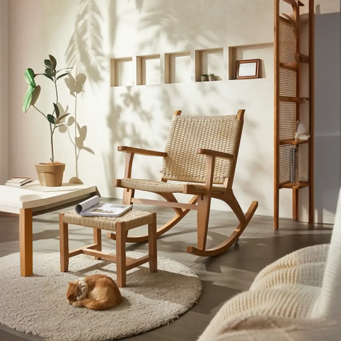 Vintage Natural Wooden Rocking Chair with Optional Ottoman Image - 3