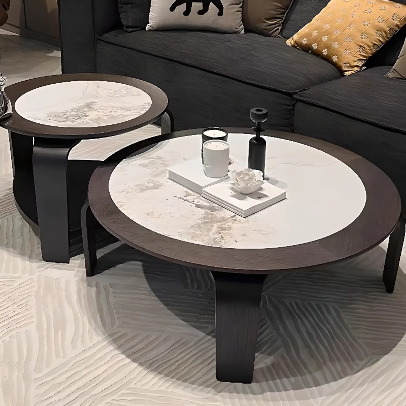 Unique Marble Round 2 Nesting Coffee Table Set with Wood Base Image - 8 | homeyfad