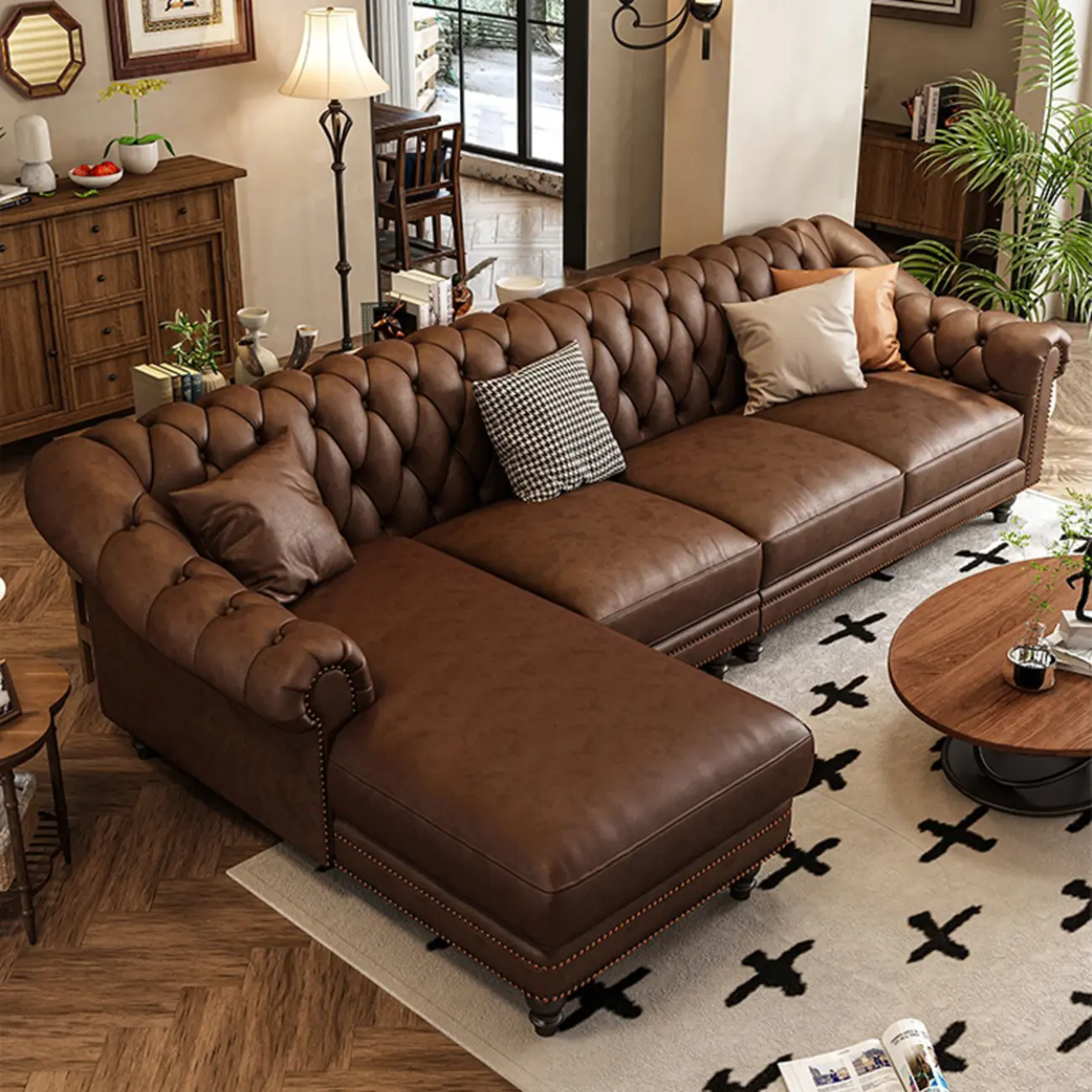 Vintage Brown Cow Leather Sofa Chaise with Nailhead Trim Image - 1 | homeyfad