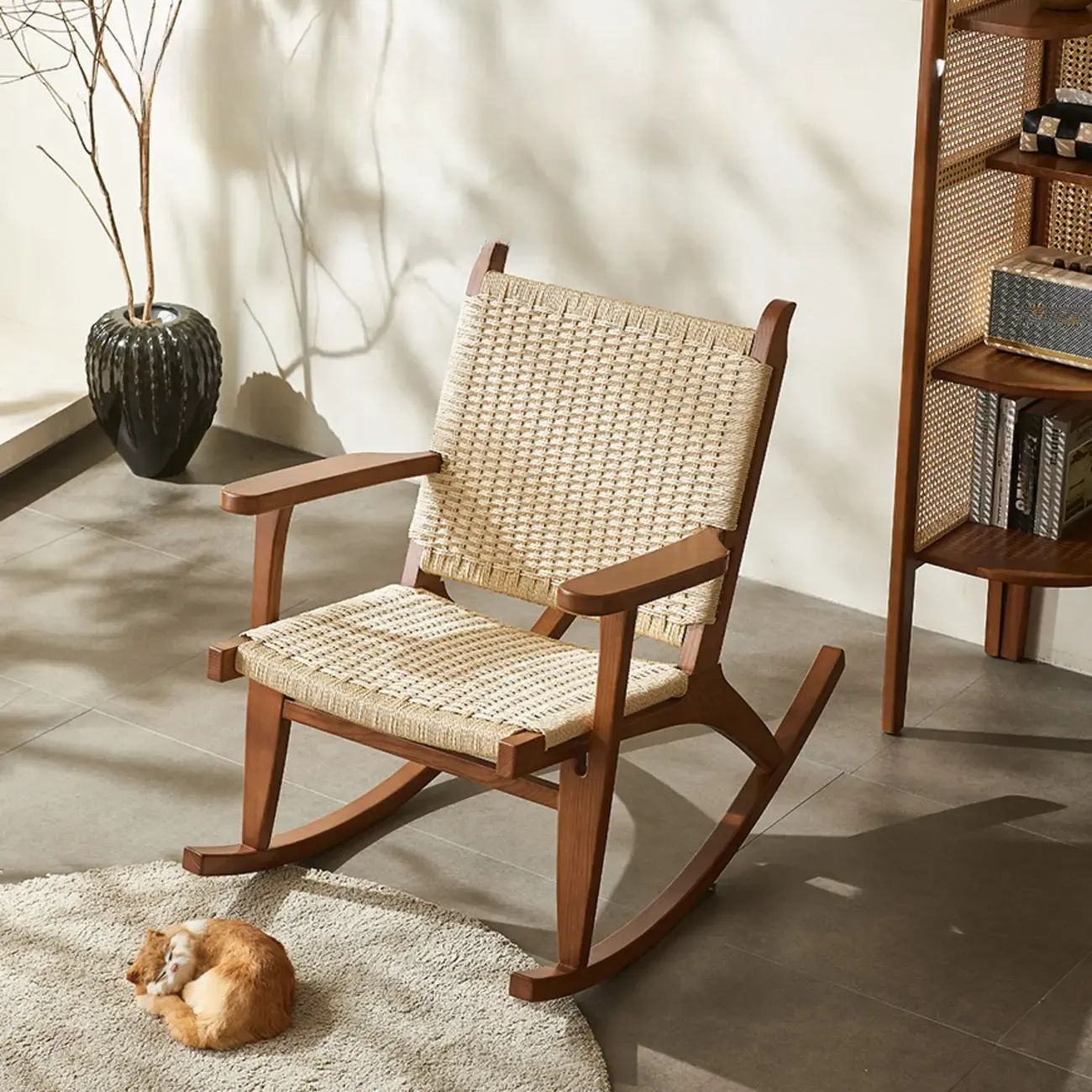 Vintage Natural Wooden Rocking Chair with Optional Ottoman Image - 5